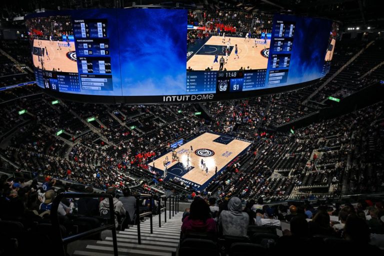 Oct 14, 2024; Inglewood, California, USA; View from the stands in Mavericks vs Clippers game during the second half at Intuit Dome. Mandatory Credit: Jonathan Hui-Imagn Images
