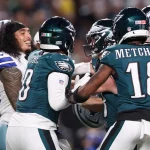 Players from the Dallas Cowboys and Philadelphia Eagles get into a shoving match during the first half. Bill Streicher, Imagn Images