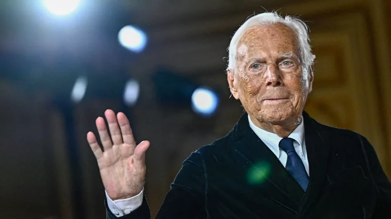 Italian designer Giorgio Armani acknowledges the applause at the end of his presentation for Armani Prive during the Women's Haute-Couture Spring/Summer 2025 Fashion Week to mark its 20th anniversary, in Paris on Jan. 28, 2025. (Julien de Rosa/AFP via Getty Images / Getty Images)