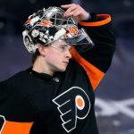 Philadelphia Flyers goaltender Carter Hart (79) is shown during an NHL hockey game against the Buffalo Sabres in Philadelphia, in this Sunday, April 11, 2021, file photo. (Derik Hamilton/AP)