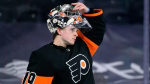 Philadelphia Flyers goaltender Carter Hart (79) is shown during an NHL hockey game against the Buffalo Sabres in Philadelphia, in this Sunday, April 11, 2021, file photo. (Derik Hamilton/AP)