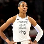 Las Vegas Aces center A'ja Wilson (22) prepares for the tip-off against the Washington Mystics during the first quarter at CareFirst Arena in Washington, District of Columbia, on Aug. 23, 2025. (Rafael Suanes/Imagn Images) cathy engelbert