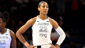 Las Vegas Aces center A'ja Wilson (22) prepares for the tip-off against the Washington Mystics during the first quarter at CareFirst Arena in Washington, District of Columbia, on Aug. 23, 2025. (Rafael Suanes/Imagn Images) cathy engelbert