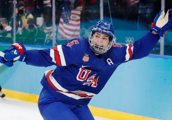 Megan Keller celebrates after scoring the game-winning goal to give the United States the gold medal over Canada. (REUTERS / REUTERS)